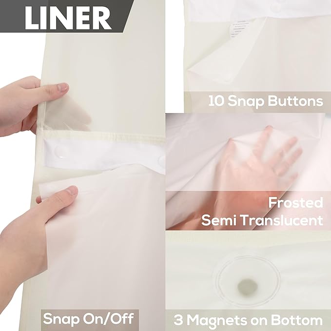 Long No Hook Slub Textured Shower Curtain with Snap-in PEVA Liner Set - 71" x 77"(75"), Hotel Style with See Through Top Window, Cream Fabric Curtain & Waterproof Liner, Sand, 71x77