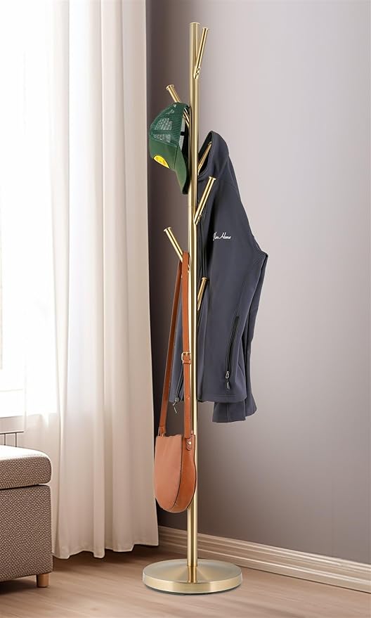 Kira Home Addison 68" Modern 6 Hook Free Standing Metal Coat Rack, Weighted Base, Cool Brass Finish