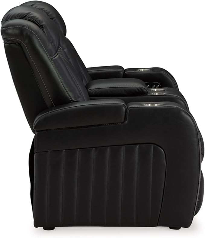 Signature Design by Ashley Caveman Den Modern Faux Leather Power Reclining Loveseat with Console, Adjustable Headrest and LED Lights, Black