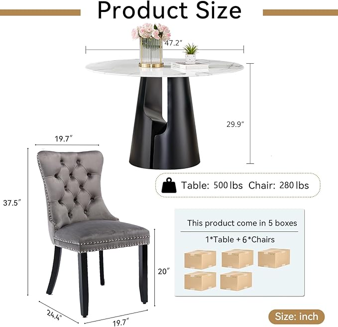 7-Piece Faux Marble Round Dining Table Set for 6, Modern Luxury Kitchen Table Set for 6 with Grey Tufted Chairs,Circle Dining Tables with White Marble Grain Top and Black Pedestal Base