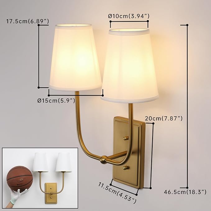 Vintage 2-Lights Wall Sconces with Funnel White Fabric Shades, Double Head Bathroom Vanity Lights Fixture, Indoor Wall Lamps for Bedroom Living Room Hallway Stairway