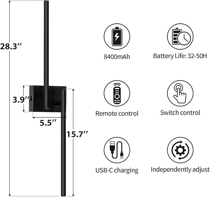Battery Operated Wall Sconce, 12 Dynamic Modes Wall Sconces Set of Two Battery Operated, 32H Using Time Rechargeable Battery Operated Wall Lights, LED Wireless Sconces for Bedroom 210°Rotate