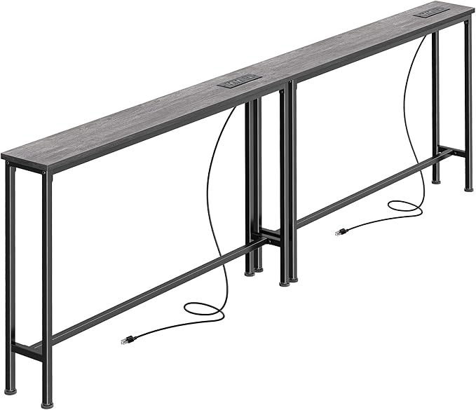 SUPERJARE 5.9 Inch Narrow Console Table with Outlet, Sofa Table Set of 2, Total Length 78'', Behind Couch Table, Long Entryway Tables with Charging Station, for Living Room, Charcoal Gray