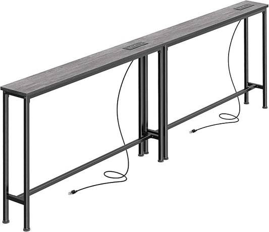 SUPERJARE 5.9 Inch Narrow Console Table with Outlet, Sofa Table Set of 2, Total Length 78'', Behind Couch Table, Long Entryway Tables with Charging Station, for Living Room, Charcoal Gray