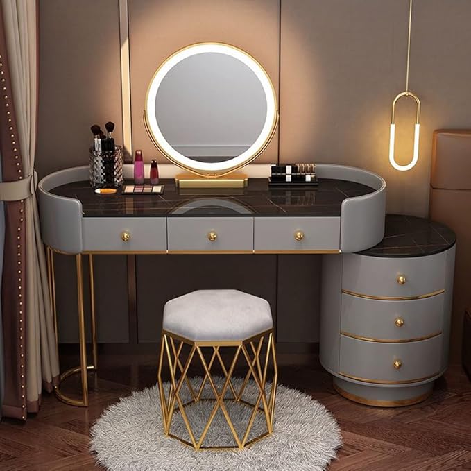 KWOKING Contemporary Make-up Vanity with Slate Stone Top & Storage Drawers Bedroom Dressing Table Storage Cabinet Integrated Table Gray Black - Makeup Vanity & Mirror & Nest Stool 47"L x 16"W x 31"H