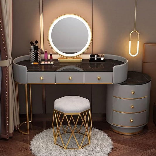 KWOKING Contemporary Make-up Vanity with Slate Stone Top & Storage Drawers Bedroom Dressing Table Storage Cabinet Integrated Table Gray Black - Makeup Vanity & Mirror & Nest Stool 47"L x 16"W x 31"H