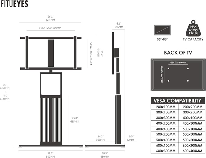 FITUEYES Design Wood TV Stand Swivel Mount with Hidden Back Storage for 55-88 inch TV Screens, Scandinavian Style Tall Floor TV Stand for Home Decor with Reinforced Base, Zen Series,Morandi Khaki
