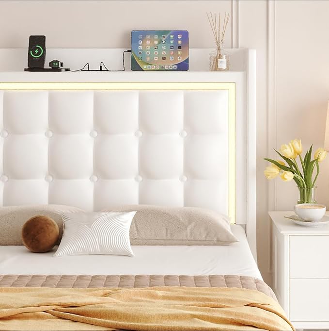 Keyluv Upholstered Queen Floating Bed Frame with LED Lights and Charging Station, Pu Leather Platform Bed with Button Tufted Storage Headboard, Type-C & USB Charging Ports, No Box Spring Needed, White