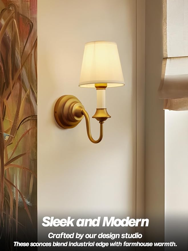 Vintage Fabric Wall Sconce Light with Curved Arm, Rustic Linen Cloth Wall Light Fixtures, Hardwired Brass Wall Mounted Lamp for Bathroom Vanity Bedroom Living Room