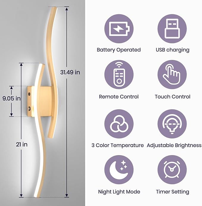 Modern LED Wall Sconce Set of Two, Battery Powered Wall Sconces Set of 2 with Timer, Gold Wall Light with Remote, LED Wall Lamp Indoor not Hardwired for Bathroom Living Room Bedroom Corridor