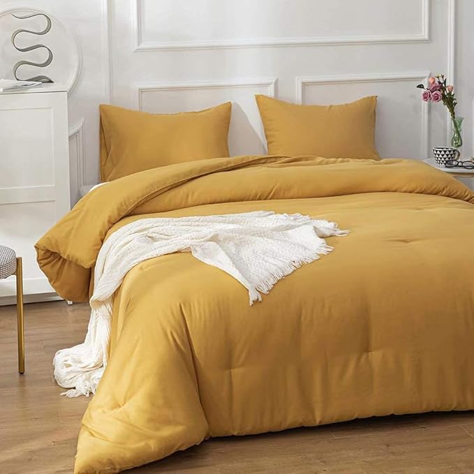 Cottonight Mustard Yellow California King Comforter Sets Dark Yellow Bedding Comforter Set Ginger Blanket Quilts Cozy Breathable Blanket Quilts Bedding Set Cal King Bed