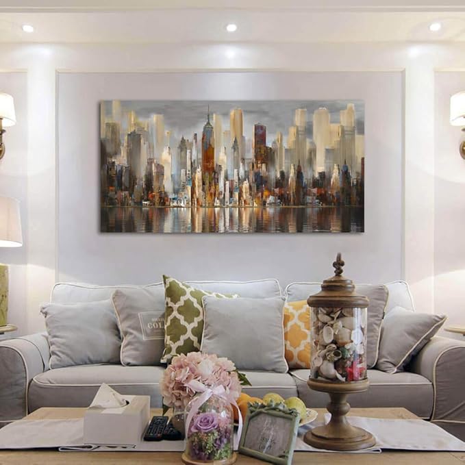 Framed Wall Art Large Cityscape New York Wall Decor Canvas Prints Abstract Brown City Theme Paintings Modern Canvas Wall Art for Living Room Bedroom Big Size 24x48 Framed