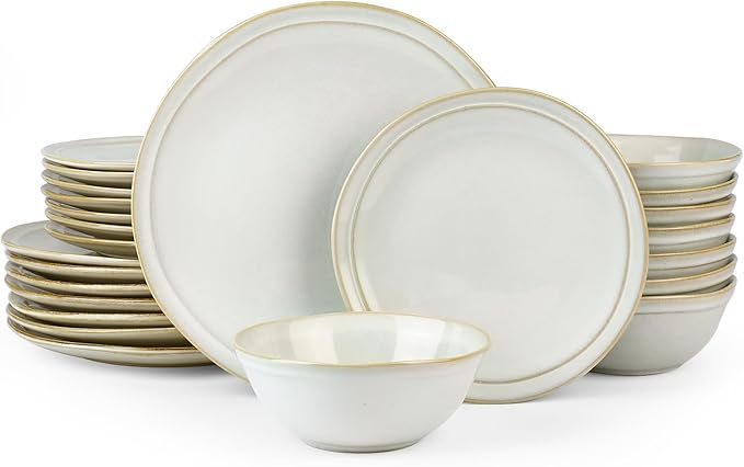 Famiware Aegean Stoneware Dinnerware Set for 8, Plates and Bowls Sets, 24 Pieces Scratch Resistant Dinner Set, Handmade Irregular Round Dishes - Microwave and Dishwasher Safe, Cappuccino White