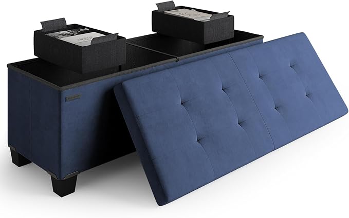 STORAGEBUD Storage Ottoman Bench with Bins, 43-in Storage Bench for Bedroom End of Bed, Folding Foot Rest Ottoman for Living Room Max 660lbs, Velvet Ottomans, Blue