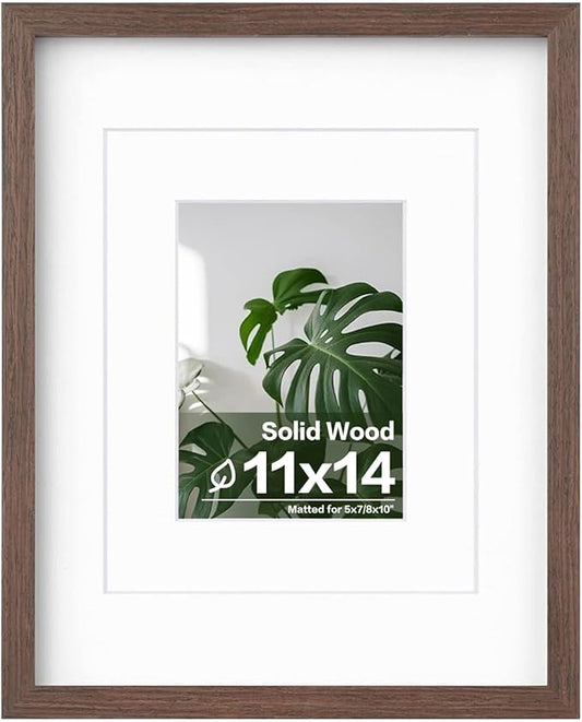 Egofine 11x14 Picture Frame Made of Solid Wood with Plexiglass, Display Pictures 5x7/8x10 with Mat or 11x14 Without Mat for Tabletop and Wall Mounting, Rustic Brown