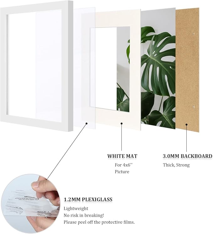 Egofine 6x8 Picture Frame Made of Solid Wood Covered by Plexiglass, Display Pictures 4x6 with Mat or 6x8 Without Mat for Table Top Display and Wall Mounting Photo Frame, White