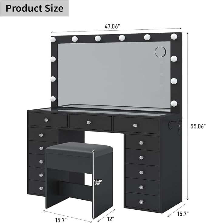 Vanity Desk with Mirror and Lights, 13 Drawers Makeup Vanity with Glass Top, 3 Color Lighting Modes, Makeup Vanity with Chair for Bedroom (Black)