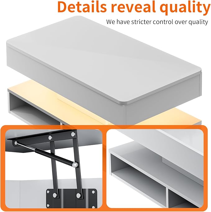 LED Coffee Table for Living Room,47.2" Large Living Room Table 2-Tier High Glossy Coffee Table with Storage,Rectangular Wooden Tea Tables for Home Office,White