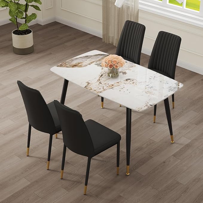 5 Pieces Modern Sintered Stone Dining Table Set 50" Rectangular Faux Marble Tabletop Kitchen Table with 4 PU Leather Chair Dinner Table Set(1Faux Marble Table+4Black Chairs)