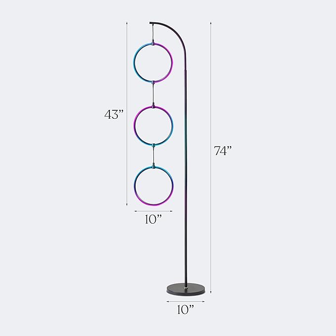 Brightech Nova Modern Color Changing Floor Lamp - LED Lamp with Stunning RGB Color Gradient and Contemporary 3-Circle Ring-Style Pendant - Corner or Over-The-Couch Arching Pole Standing Lamp - Black