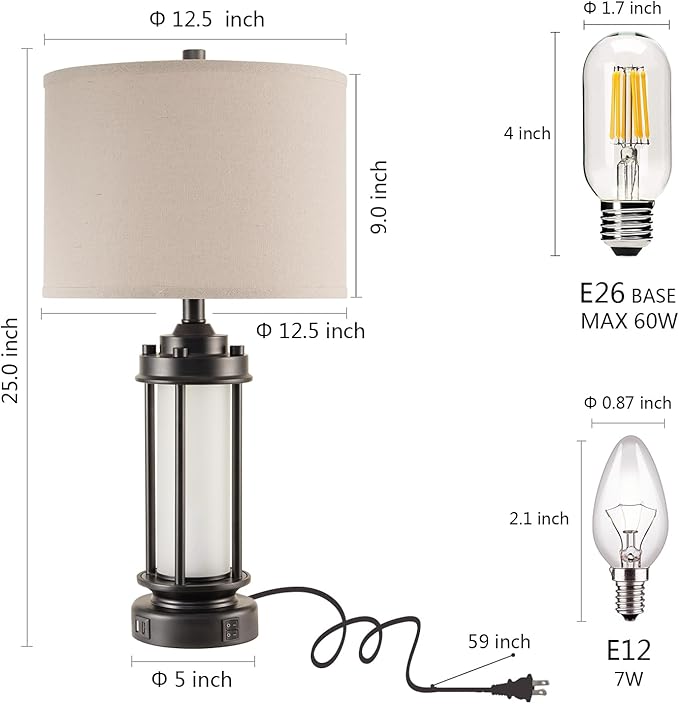 Set of 2 Modern Table Lamps for Living Room Bedroom, 25'' Black Retro Industrial Metal Lamp with Glass Nightlight, Contemporary Desk Lamp for Bedside End Table Office, 4 Bulbs Included