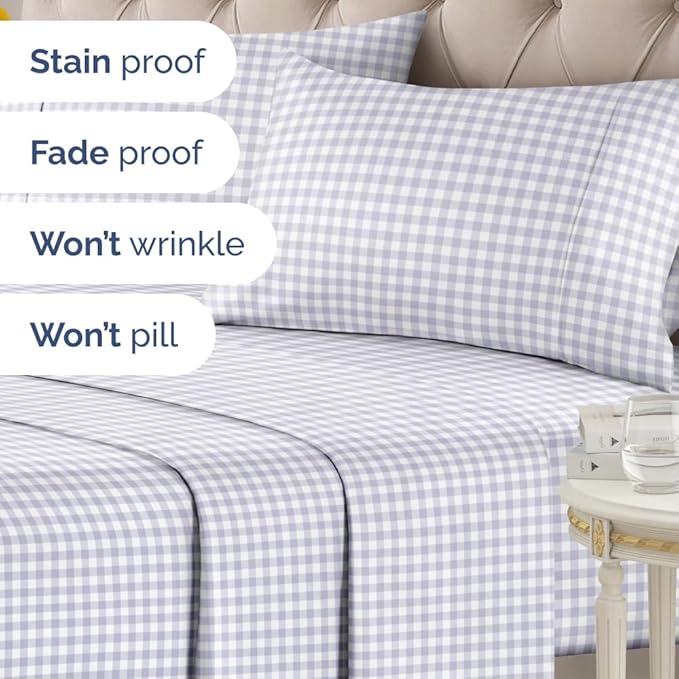 Grey Gingham Sheets - 1 Flat & 1 Fitted Sheet & 2 Pillowcases w/ Deep Pockets - Grid, Plaid, Checkered Pattern Bed Set - Wrinkle & Fade Resistant - Ultra-Soft, Breathable and Cooling - Queen Size