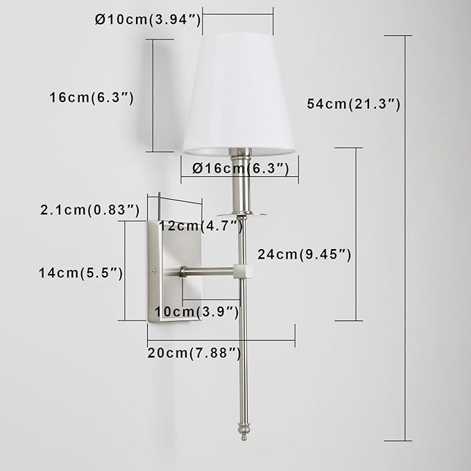 PERMO Set of 2 Classic Rustic Industrial Wall Sconce Lighting Fixture with Flared White Textile Lamp Shade and Brushed Tapered Column Stand