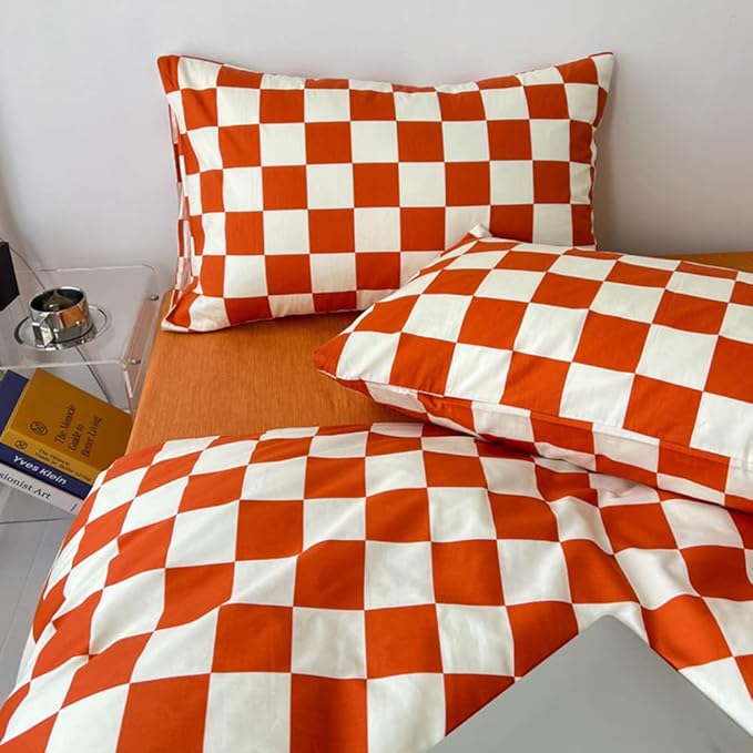 CLOTHKNOW Rust Beige Plaid Full Size Comforter Sets Grid Bedding Comforter Sets Terracotta Checker Comforter with 2 x Pillow Cases