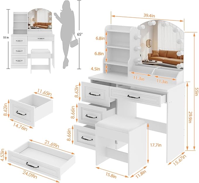 Vabches Makeup Vanity Desk with Lights and 4 Drawers, White Vanity Set Makeup Table Lots Storage, 3 Lighting Colors, Large Size 39.4in(L)