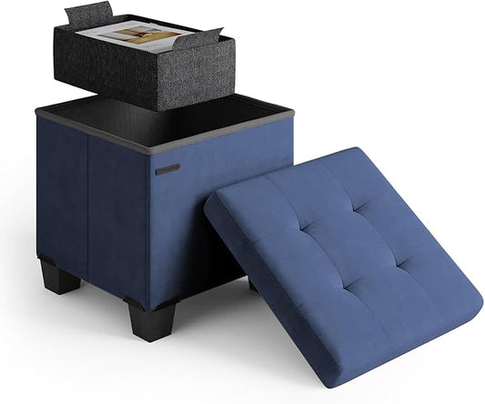STORAGEBUD Storage Ottoman Cube with Small Bin, 15-in Square Ottoman with Storage for Living Room and Bedroom, Small Ottomans Foot Rest, Velvet Foot Stools Ottomans Max 330lbs, Blue