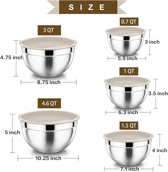 P&P CHEF Mixing Bowl with Airtight Lid Set of 5, 10-Piece Stainless Steel Nesting Salad Bowl Set for Prepping, Mixing and Serving, Size 4.6, 3, 1.5, 1, 0.7 QT, Rimmed Edges & Flat Base, Khaki
