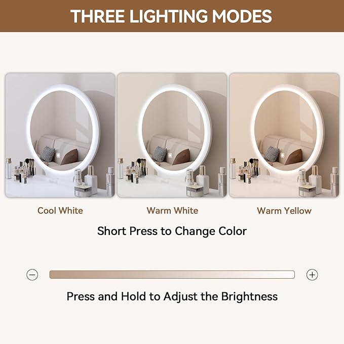 YOURLITE Makeup Vanity Desk with Lights,Small Vanity with Adjustable Brightness Mirror for Small Spaces, Dressing Table with Drawers (31.5", Circular Mirror Wood)