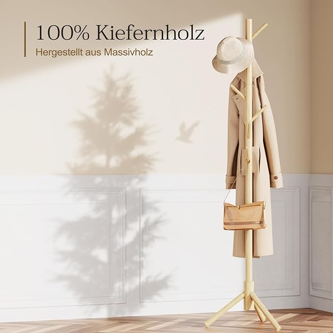 Pipishell Coat Rack Sturdy Wooden Coat Rack Stand, Adjustable Coat Tree, Free Standing Tree Hanger with 4 Sections & 8 Hooks, for Home/Bedroom/Office/Hallway/Entryway