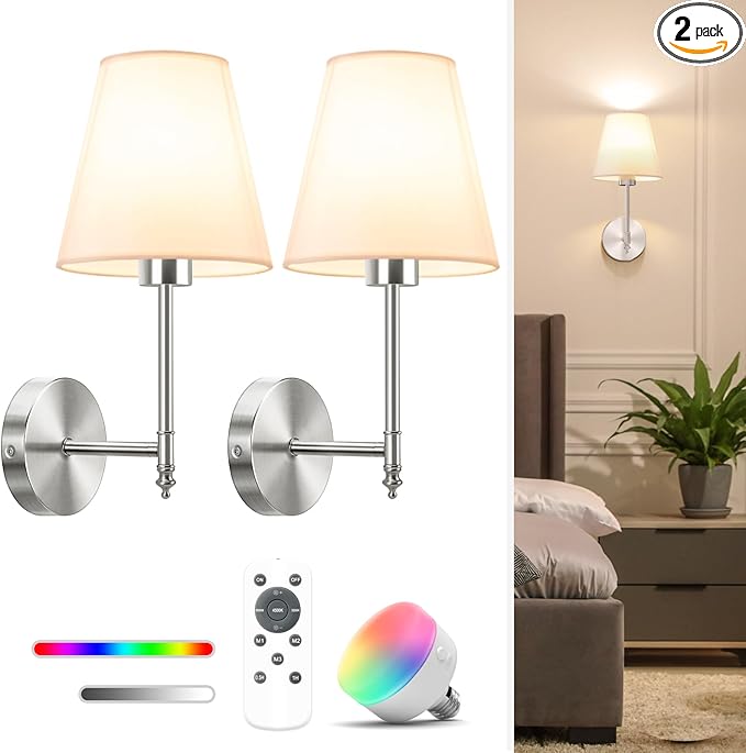 NIORSUN 14.5 inch Battery Operated Wall Sconce Set of 2,Brushed Nickel Rechargeable Wall Lights with 5200mAh Dimmable Bulbs and Remote,9 Colors Wireless Sconces for Bedroom Living Room Decor