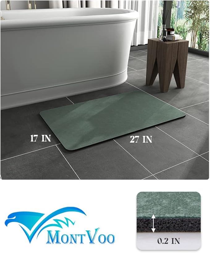 MontVoo -Bath Mat Rug-Rubber Backing Non Slip Quick Dry Absorbent Thin Bathroom Rugs Fit Under Door-Faux Suede Surface Bathroom Floor Mats-Shower Rug for in Front of Bathtub Shower Green 17"x27.5"