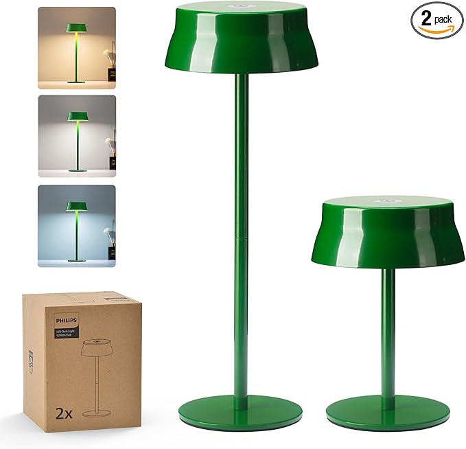 Philips Cordless Table Lamp, Portable Outdoor LED Desk Light,Rechargeable Battery Operated, 2 Adjustable Height, Touch Control & 3 Color Stepless Dimming, Waterproof Lamps for Restaurant/Bedroom