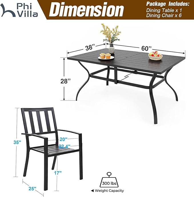 PHI VILLA 7 Piece Outdoor Dining Set for 6, 60” Rectangular Metal Steel Dining Table with Umbrella Hole & Stackable Dining Chairs for Patio, Deck, Yard, Garden