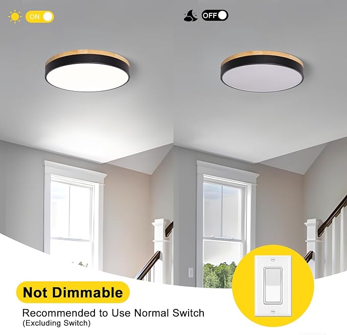 Modern Black Ceiling Light, Wood LED Close to Ceiling Lighting Fixtures, Round Flush Mount Ceiling Lamp for Kitchen Bedroom Bathroom Laundry Room Nursery Room Hallway（15.74 Inch）