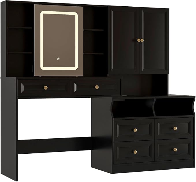 Large Black Vanity Desk with Sliding Mirror & Lights, Big 58.6" Makeup Vanity Table & Nightstand Combo with Power Outlet and 6 Drawers 15 Shelves with Light Strips for Bedroom
