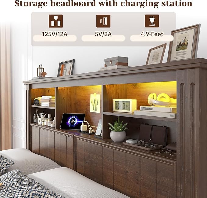 EnHomee Full Size Bed Frame with Headboard and Storage, 4 Drawers and LED Built in Charging Station Full Bed Frame with Storage Farmhouse, NO Noise,No Box Spring Needed,Brown