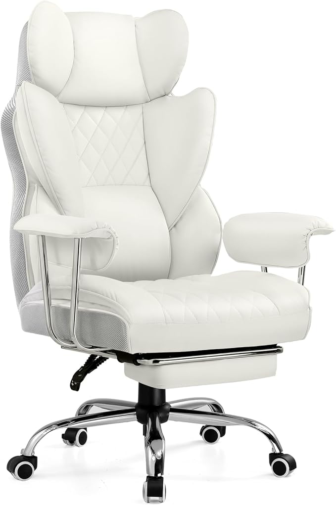 COMHOMA Big and Tall Office Chair, High Back Leather Gaming Chair with Footrest, Executive Ergonomic Office Chairs with Pocket Spring Lumbar Support and with Outward Fixed Soft Armrests