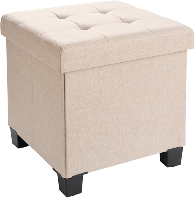 Ornavo Home 15 Inch Folding Storage Ottoman with Storage, Square Cube Linen Small Storage Ottoman Foot Rest Stool with Legs - Beige