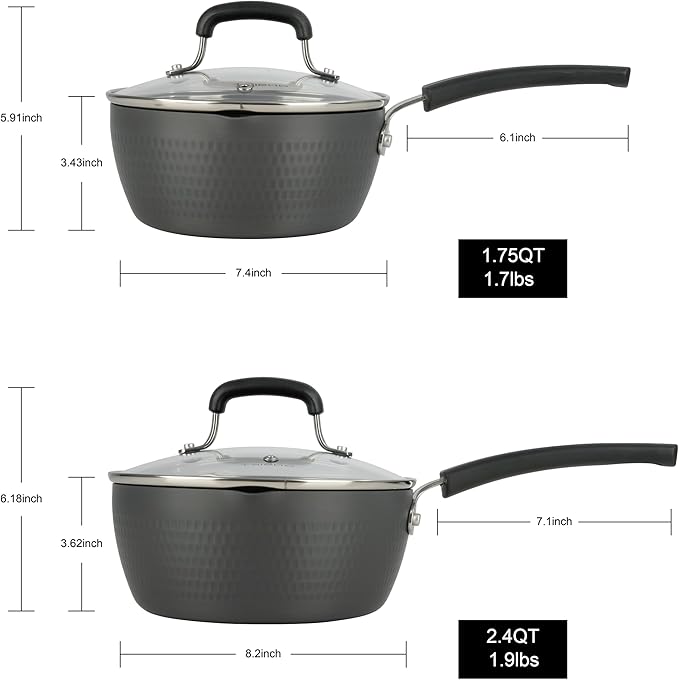 Nonstick Small Sauce Pan with Lid, 1.75 Quart and 2.4 Quart Sauce pan with Pour Spouts, Multipurpose Handy Little Saucepan with Stay Cool Handle, Small Pots for Cooking, Soups, Noodles, Milk