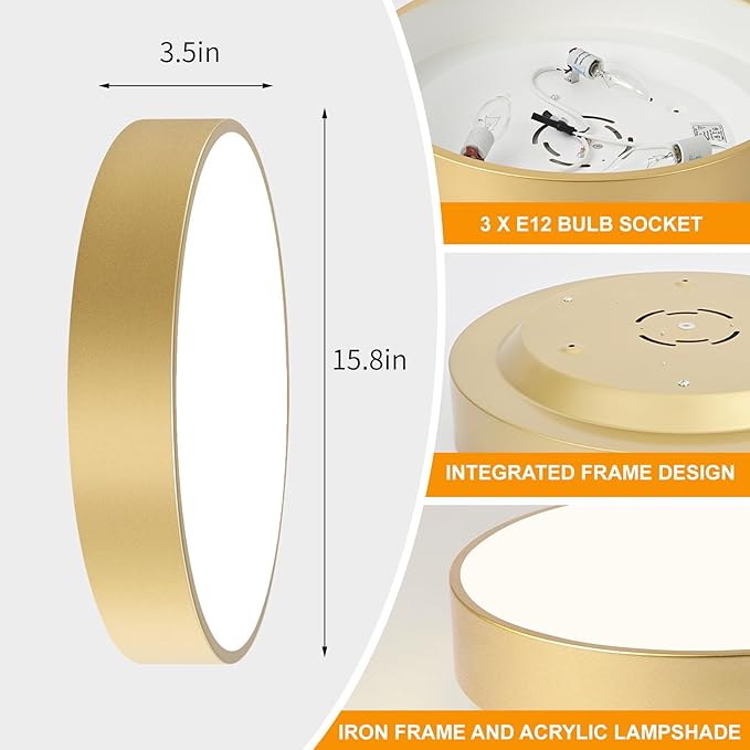 Gold Flush Mount Ceiling Light, 15.8 inch Modern Round Close to Ceiling Lighting Fixtures, Minimalist Ceiling Lamp for Living Room,Dining Room,Bathroom,Foyer,Hallway,Laundry(E12,3-Light