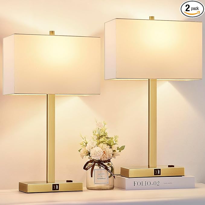 21" Touch Bedside lamps with 2 USB & AC Outlets, 3-Way Dimmable Bedside Table Lamps Set of 2 for Bedroom Living Room Office Reading, White Shade Lamps for Night Stands, 2700K LED Bulbs Included