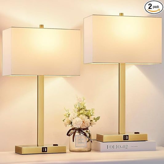 21" Touch Bedside lamps with 2 USB & AC Outlets, 3-Way Dimmable Bedside Table Lamps Set of 2 for Bedroom Living Room Office Reading, White Shade Lamps for Night Stands, 2700K LED Bulbs Included