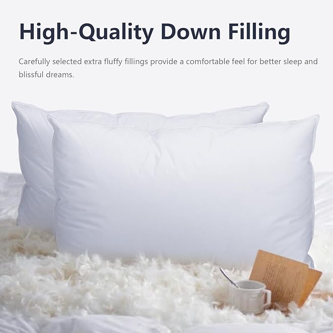 Standard Size Down Pillow - Single Goose Feather & Down Pillow 440 Fill Power with 100% Cotton Cover, Hypoallergenic, Medium Support