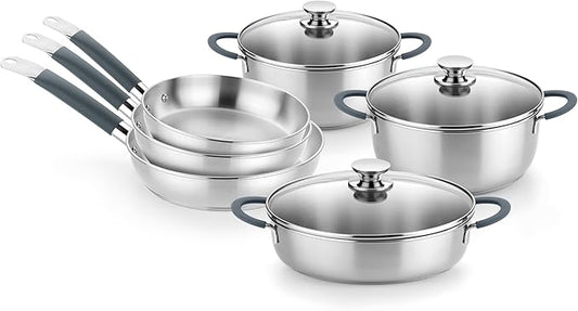 BRA COOKWARE Master 9 Piece Cookware Set | Stainless Steel Professional Kitchenware Set | 2 Pots, 1 Sauté Pan, 3 Frying Pans, 3 Lids | All Stovetop Compatible | PFAS Free | w/o Non-Stick