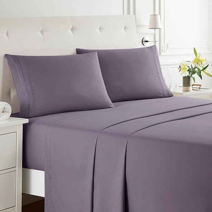 Clara Clark Bed Sheets, Premier 1800 Series Bed Sheet Set, Deep Pocket, Wrinkle, Fade, Stain Resistant, Luxury Soft Bedding Sheets & Pillowcases, California King, Grayish Purple