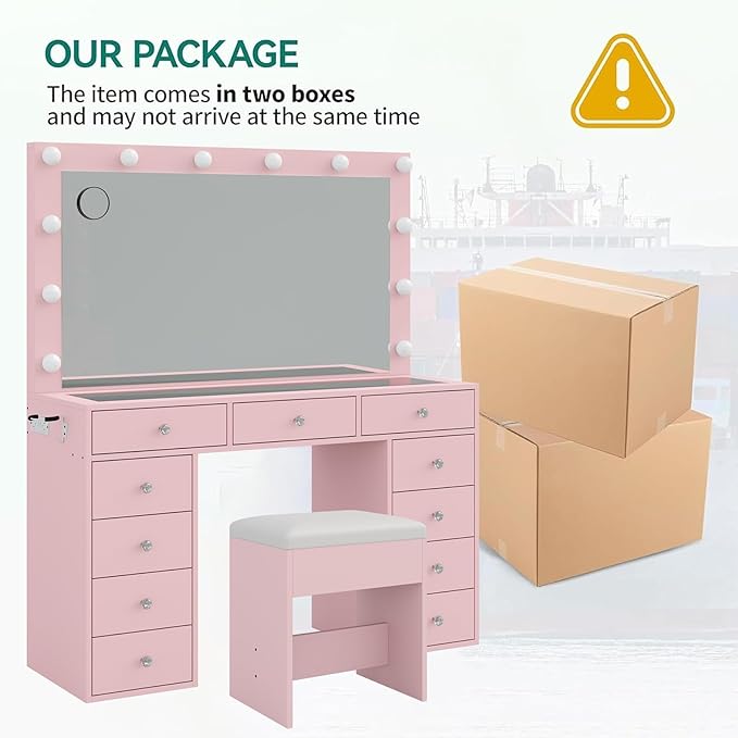 11 Drawers Vanity Desk with Power Outlet, Makeup Vanity with Mirror and 12 LED Lights, 3 Lighting Modes, Glass Top, Dressing Table for Bedroom, Pink